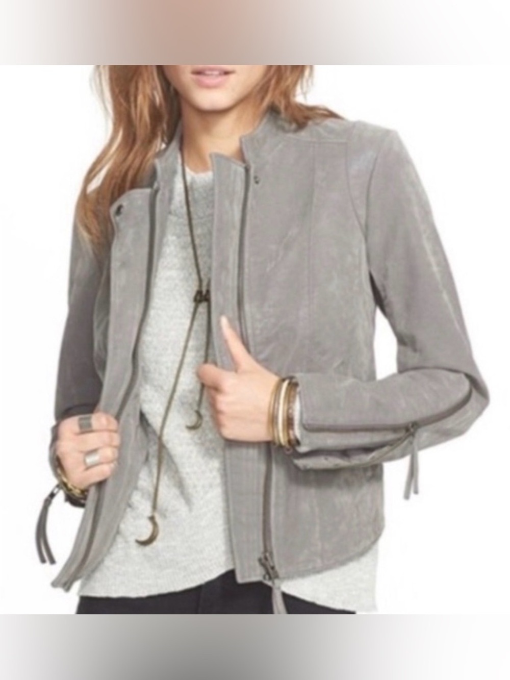 Free People Cool & Clean Gray Faux Suede Full Zip Moto Jacket Womens Sz. 2